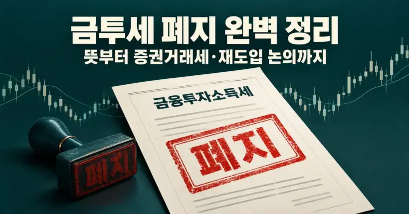 금투세 폐지 완벽 정리라는 제목 아래 주식 차트를 배경으로 금융투자소득세 문서에 붉은 폐지 도장이 찍힌 이미지.