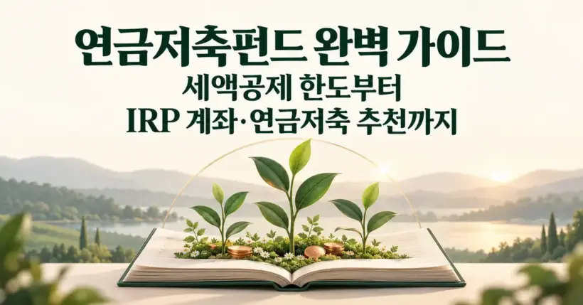 연금저축펀드 완벽 가이드라는 제목 아래 펼쳐진 책에서 자라나는 새싹과 동전으로 장기 투자와 노후 자산 형성을 표현한 이미지.